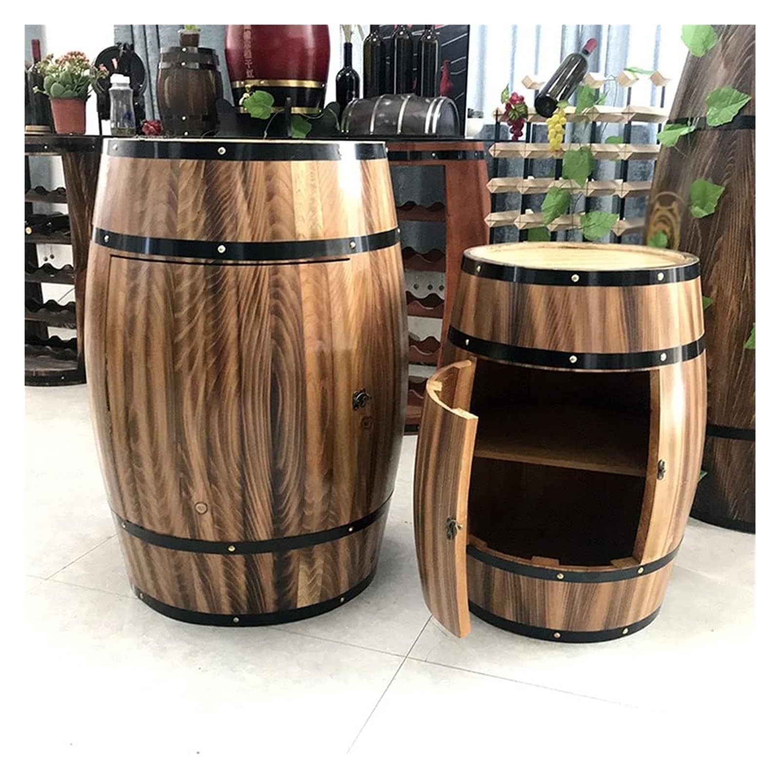 4本 ホーム＆キッチン 素朴なロック可能な樽型ワインバーキャビネット